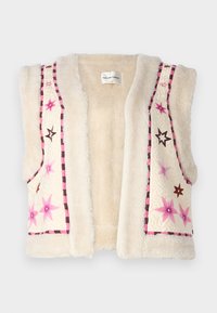 Faux fur vest in cream color, featuring pink and brown star embroidery and a checkered trim along the edges and neckline.
