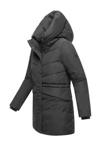 Black padded coat with a large, high collar, long sleeves, side pockets, and horizontal stitching detail. Smooth texture, insulated design.