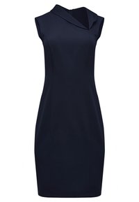 Bezramenné námořnické šaty s přehnutým límečkem, přiléhavým siluetou a zipovým uzávěrem na zadní straně. Látka vypadá hladce a strukturovaně. Bez vzorů či akcentů.