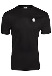 Black short-sleeve T-shirt made of smooth fabric featuring a small white gorilla graphic on the left chest area. Round neckline with no accents.