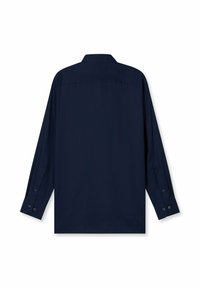 Marineblaues Langarmhemd aus glattem Stoff, mit klassischem Kragen, geknöpften Manschetten und einem geraden Schnitt am Rücken.