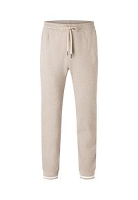 Beige tepláky s elastickým pasem, šňůrkou a manžetami na kotnících. Tkanina má jemnou strukturu a světlý melírovaný vzor.