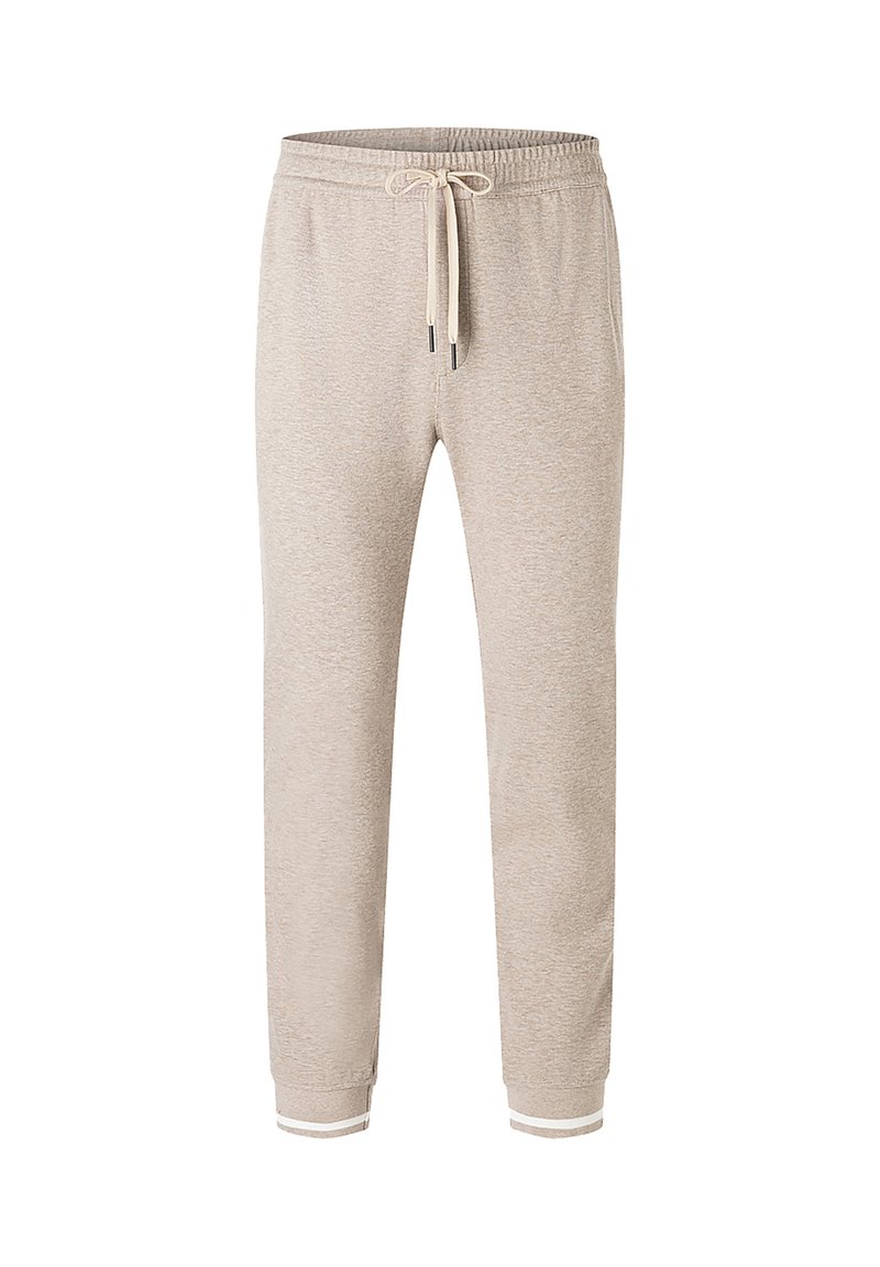 Beige tepláky s elastickým pasem, šňůrkou a manžetami na kotnících. Tkanina má jemnou strukturu a světlý melírovaný vzor.