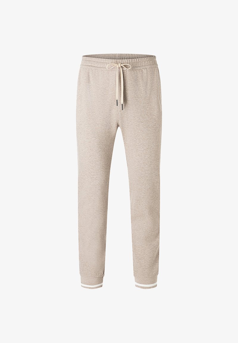 Beige tepláky s elastickým pasem, šňůrkou a manžetami na kotnících. Tkanina má jemnou strukturu a světlý melírovaný vzor.