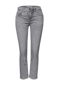 Jean gris coupe slim avec bouton à l'avant, fermeture éclair, poches avant et arrière, et passants pour ceinture.
