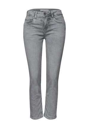 Jean gris coupe slim avec bouton à l'avant, fermeture éclair, poches avant et arrière, et passants pour ceinture.