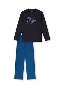 Schwarzes Langarmshirt mit blauem "No LIMIT"-Grafik, kombiniert mit blauen Hosen. Beide aus weichem, leichtem Stoff gefertigt.