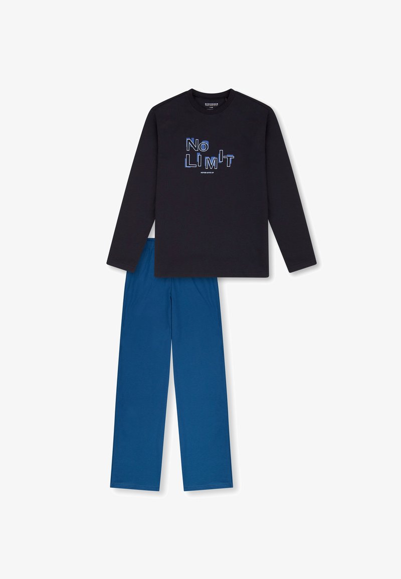 Schwarzes Langarmshirt mit blauem "No LIMIT"-Grafik, kombiniert mit blauen Hosen. Beide aus weichem, leichtem Stoff gefertigt.