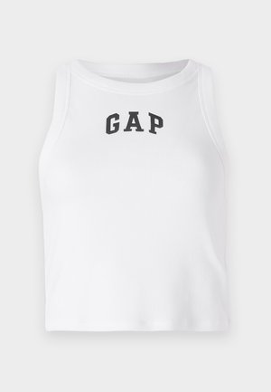 White sleeveless crop top made of ribbed fabric featuring a black "GAP" logo on the front. Rounded neckline with clean seams.