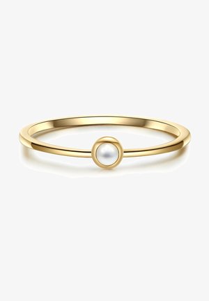 Goldring mit einem schlanken, dünnen Design, ausgestattet mit einer einzelnen runden Perle, die in einer glatten Fassung sitzt, für eine minimalistische Akzentuierung.