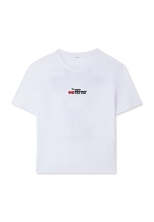 T-shirt bianca in cotone con scollo rotondo, caratterizzata da una stampa di due ciliegie rosse e dal testo "NUOVO MESSAGGIO PER TE" in nero.