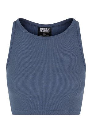 Rippenshirt aus blauer Stoff mit rundem Halsausschnitt und ärmellosem Design. Das Etikett trägt die Aufschrift "Urban Classics" in der Größe XS.