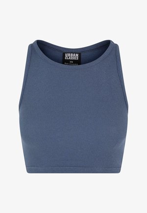 Kék színű bordázott crop top kerek nyakkivágással és ujjatlan dizájnnal. A címke "Urban Classics" feliratú, XS méretben.