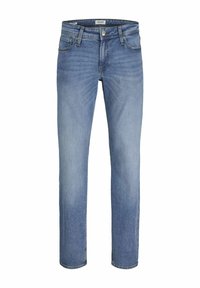 Jeans de mezclilla azul claro con corte recto, diseño de cinco bolsillos y desgaste sutil en la parte frontal. Presenta trabillas para cinturón y cierre de botón.