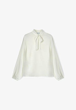 Blouse blanche à manches longues avec un col cravate, fabriquée dans un tissu lisse et léger, avec une coupe décontractée et des poignets froncés.