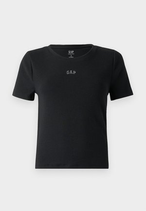 Sort kortærmet t-shirt lavet af ribbet stof, med rund halsudskæring og et lille broderet "GAP" logo på brystet.