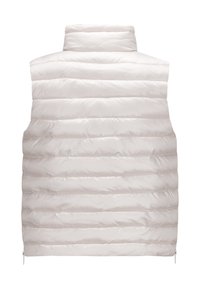 Leichte, ärmellose Steppweste in hellem Pink. Verfügt über ein horizontal gestepptes Muster, einen hohen Kragen und mit Reißverschluss versehene seitliche Belüftungsöffnungen.