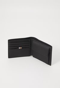 Black leather wallet with a textured finish. Features multiple card slots and a single compartment, folded for compact storage.