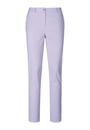 Lavender patterned trousers with a fitted design, made from a lightweight fabric. Features a button closure and neat hem.
