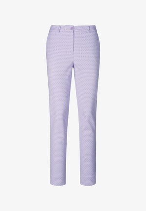 Lavender patterned trousers with a fitted design, made from a lightweight fabric. Features a button closure and neat hem.