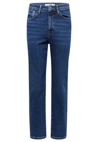 Jean en denim bleu foncé avec une coupe droite, cinq poches et une fermeture éclair à l'avant. Texture lisse avec un léger effet délavé et des détails de couture subtils.
