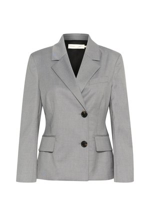 Gray tailored blazer with a notch lapel, two front pockets, and two black buttons. Made from a smooth, lightweight fabric.