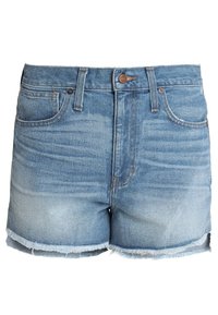 Denim shorts made of light blue fabric with a frayed hem, featuring a classic design, two front pockets, and a button closure.