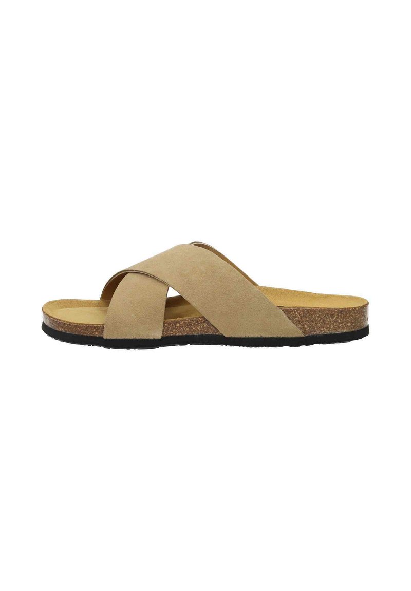 Beige cross-strap sandals with a suede-like upper, cork midsole, and black rubber outsole. Flat design for easy wearing.