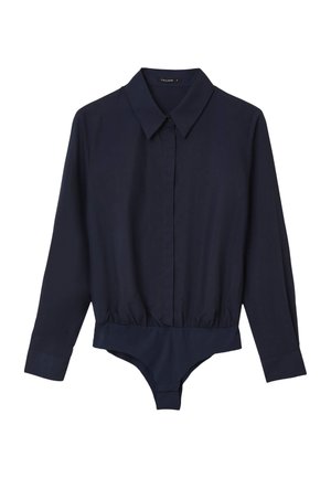 Le body à manches longues bleu marine présente un col, un devant à boutons, une taille élastiquée et un tissu lisse sans motifs visibles.