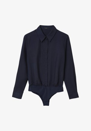 Navy long-sleeve bodysuit features a collared neckline, button front, elasticized waist, and smooth fabric with no visible patterns.