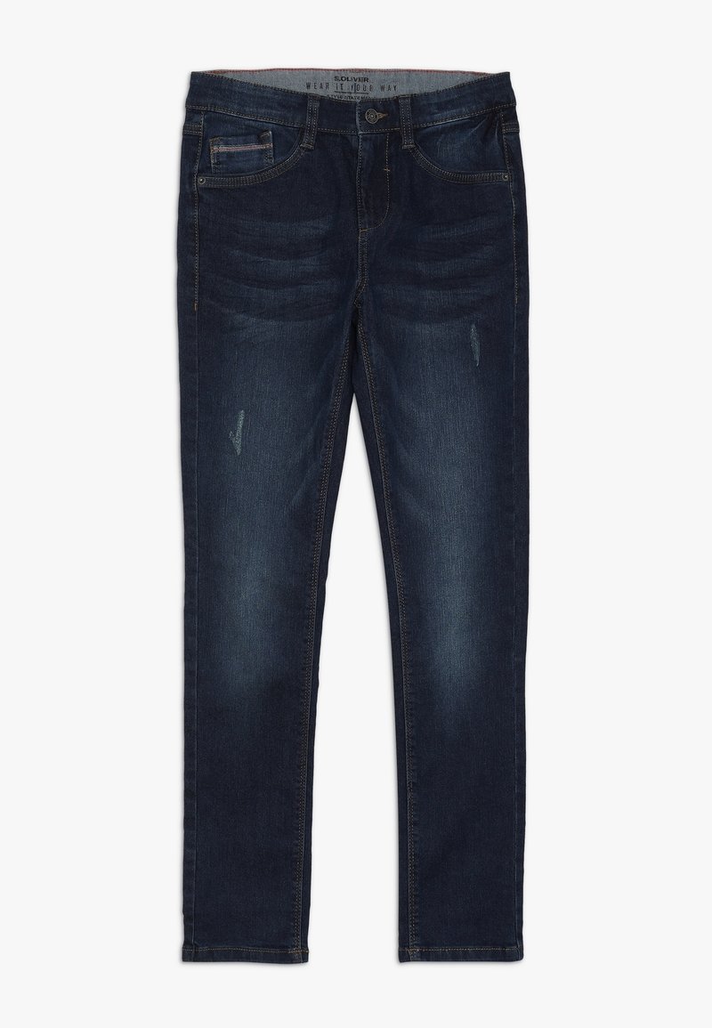 Jean slim bleu foncé avec légère décoloration et détails usés, poches avant et taille avec fermeture à boutons.