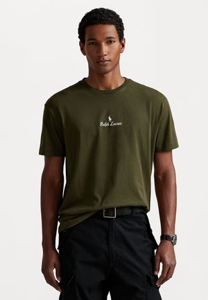 Olive green cotton t-shirt with a crew neck and short sleeves. Features white embroidered "Ralph Lauren" logo at the chest.