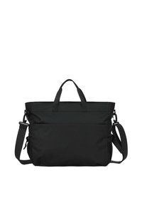 Borsa a tracolla nera realizzata in tessuto resistente, dotata di due manici superiori e di una tracolla regolabile. Design semplice senza motivi visibili.