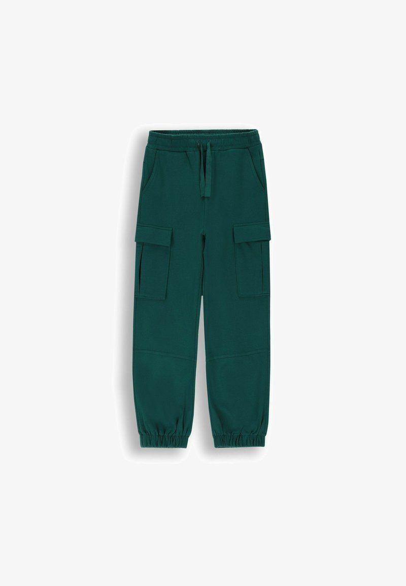 Zielone, elastyczne spodnie cargo w pasie z dwiema bocznymi kieszeniami i dwoma kieszeniami cargo. Mankiety u kostek oraz gładka, miękka faktura.