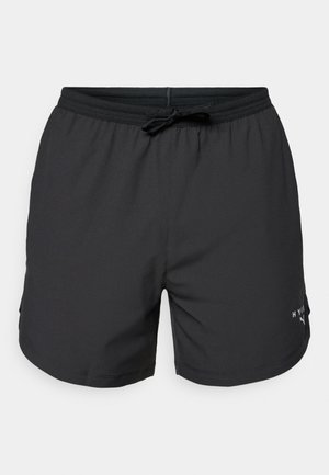 Black swim shorts with an elastic waistband and drawstring. Lightweight fabric with side pockets. Features a small logo on the hem.