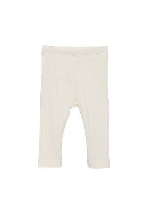 Cremfarbene Rippleggings mit elastischem Bund, gerade geschnitten und mit umsäumten Säumen. Weicher Stoff ohne sichtbare Muster.