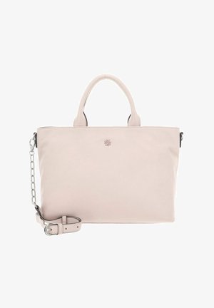 Hellrosa Lederhandtasche mit zwei kurzen Griffen, abnehmbarem Kettenriemen, glatter Textur und eingeprägtem Logo auf der Vorderseite. Klassische rechteckige Form.