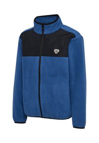 Blauwe fleece jacket met zwarte panelen, rits aan de voorkant, hoge kraag, elastische manchetten en een logo op de borst. Zachte textuur en casual ontwerp.