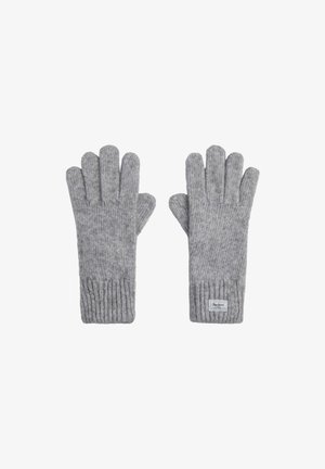 Guantes de punto grises con un puño acanalado, que presentan una textura suave y un diseño de cinco dedos. Una pequeña etiqueta es visible en la zona de la muñeca.