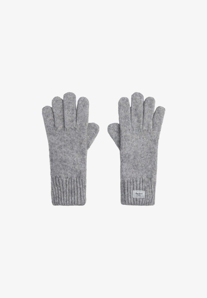 Guantes de punto grises con un puño acanalado, que presentan una textura suave y un diseño de cinco dedos. Una pequeña etiqueta es visible en la zona de la muñeca.