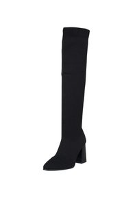 Botas negras hasta la rodilla con un diseño de punto ajustado, que cuentan con una punta afilada y un tacón cuadrado grueso. La superficie texturizada añade interés visual.