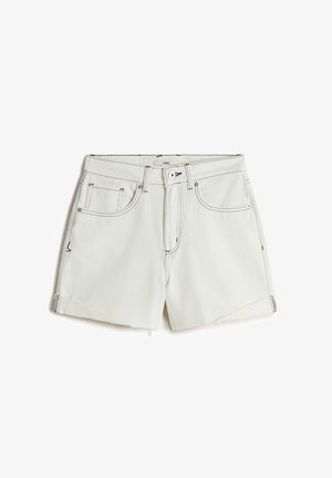 Light gray denim shorts with a straight cut, frayed hem, and contrasting black stitching. Front pockets and a button closure feature prominently.