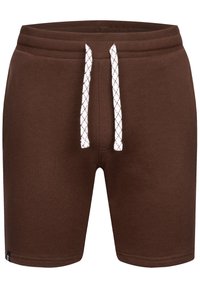 Shorts décontractés marron avec cordon de serrage blanc à motif et taille élastique, fabriqués en tissu doux.