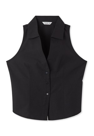 Camicia nera senza maniche con colletto, vestibilità aderente e tre bottoni sul davanti, taglia piccola.