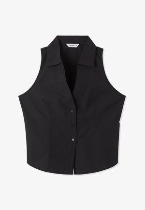Camicia nera senza maniche con colletto, vestibilità aderente e tre bottoni sul davanti, taglia piccola.