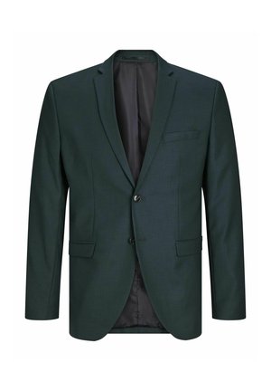 Mörkgrön blazer med enkelknapprad, slagkrage och två framfickor. Har ett slätt innerfoder och knäppning med knappar.