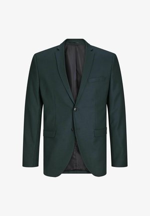 Blazer verde oscuro con un diseño de un solo botón, solapas picadas y dos bolsillos delanteros. Incluye un forro interior suave y cierre de botón.