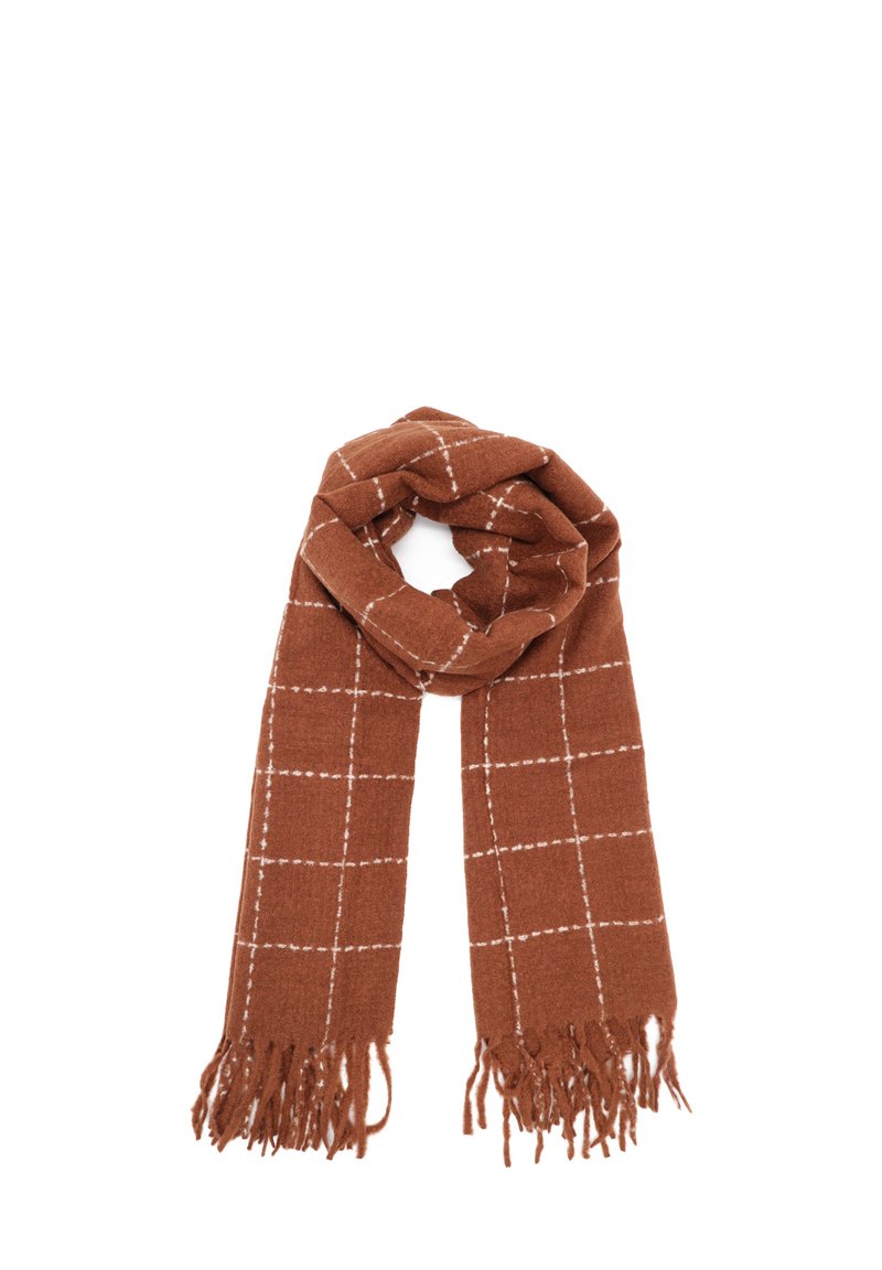 Sciarpa di lana marrone con motivo a finestra bianca, estremità frangiate, ripiegata a loop su uno sfondo bianco.