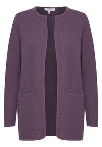 Paarse cardigan van gestructureerde brei fabric. Heeft een open voorkant, lange mouwen en twee voorzakken. Geen sluitingen.