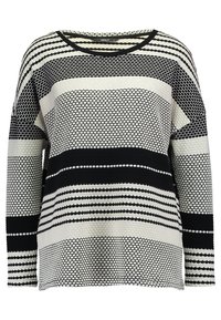 Czarnobiały sweter dzianinowy we wzory z okrągłym dekoltem, długimi rękawami i różnorodnymi wzorami pasków. Tkanina o fakturze.